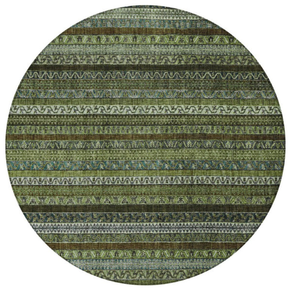 8 Foot Round Striped Polyester Area Rug Washable Stain Resistant Indoor Outdoor Green