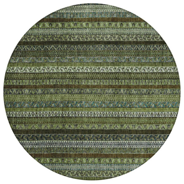 8 Foot Round Striped Polyester Area Rug Washable Stain Resistant Indoor Outdoor Green