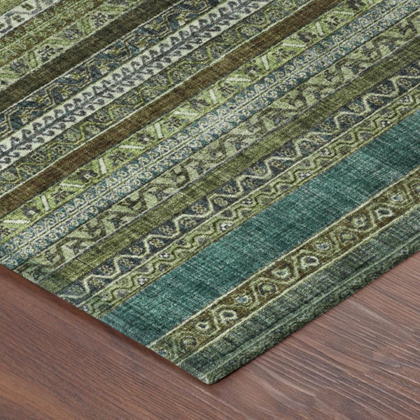 8 Foot Round Striped Polyester Area Rug Washable Stain Resistant Indoor Outdoor Green