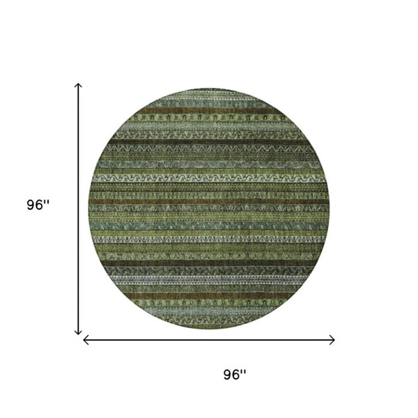 8 Foot Round Striped Polyester Area Rug Washable Stain Resistant Indoor Outdoor Green