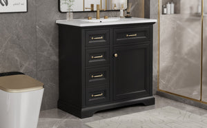 English Elm 36-Inch Modern Bathroom Vanity with Ceramic Basin, 4 Drawers & Soft-Close Door, Pre-Drilled Faucet Ready, Durable MDF and Solid Wood Construction (36"L x 18.3"W x 33.4"H) Black N725P296118B