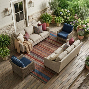 10 Ft Striped Washable Polyester Area Rug for Patio Porch Living Room and High Traffic Zones