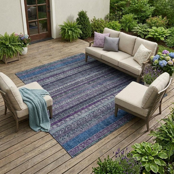 9 X 12 Striped Polyester Area Rug Washable Stain Resistant Patio Porch Living Room