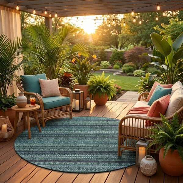 8 Ft Round Teal Graphite Stripe Polyester Rug Washable for Indoor Outdoor Use