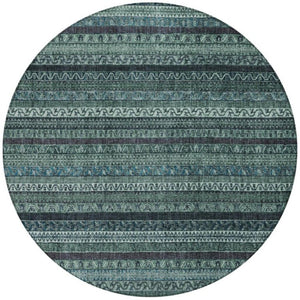 HomeRoots 8 Ft Round Teal Graphite Stripe Polyester Rug Washable for Indoor Outdoor Use 739771