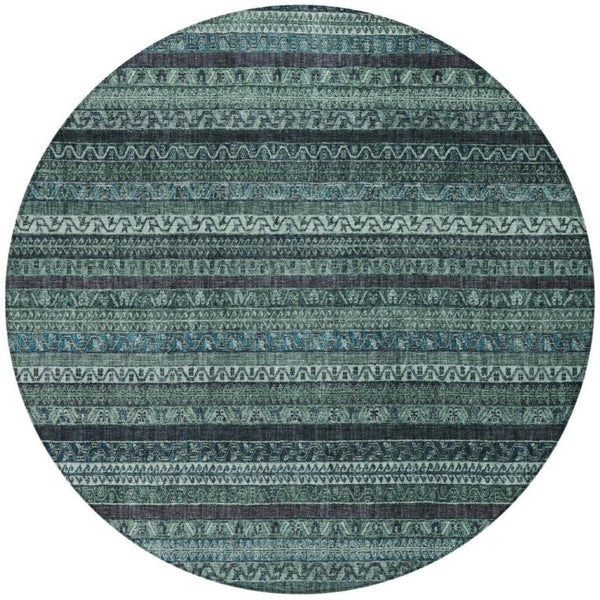 HomeRoots 8 Ft Round Teal Graphite Stripe Polyester Rug Washable for Indoor Outdoor Use 739771