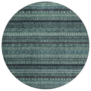 8 Ft Round Teal Graphite Stripe Polyester Rug Washable for Indoor Outdoor Use