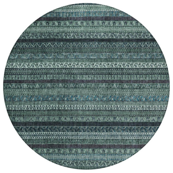 8 Ft Round Teal Graphite Stripe Polyester Rug Washable for Indoor Outdoor Use