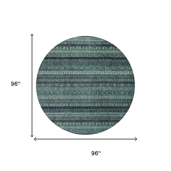 8 Ft Round Teal Graphite Stripe Polyester Rug Washable for Indoor Outdoor Use