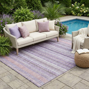 5 X 8 Lavender Striped Washable Polyester Rug for Patio Porch or Living Room