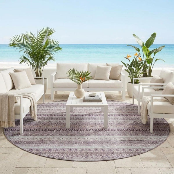 8 Foot Round Striped Mauve Pink Washable Polyester Rug for Patio or Family Room