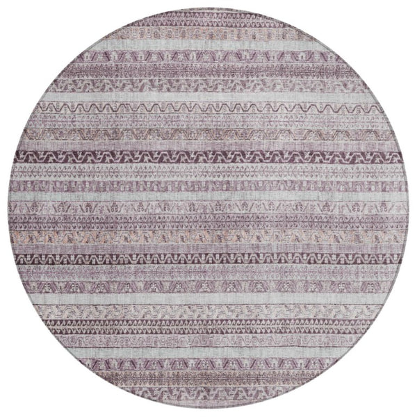 HomeRoots 8 Foot Round Striped Mauve Pink Washable Polyester Rug for Patio or Family Room 739789
