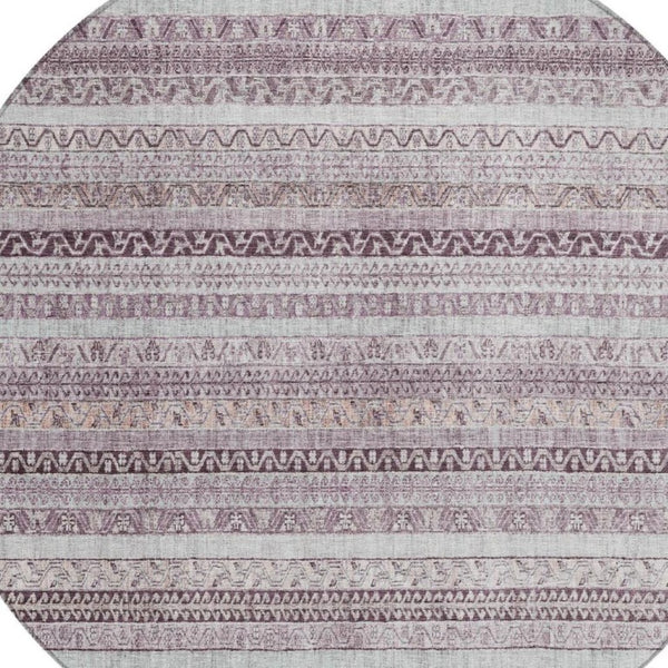8 Foot Round Striped Mauve Pink Washable Polyester Rug for Patio or Family Room