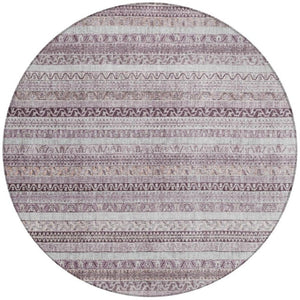8 Foot Round Striped Mauve Pink Washable Polyester Rug for Patio or Family Room