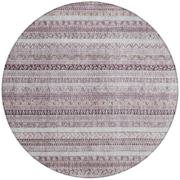 8 Foot Round Striped Mauve Pink Washable Polyester Rug for Patio or Family Room