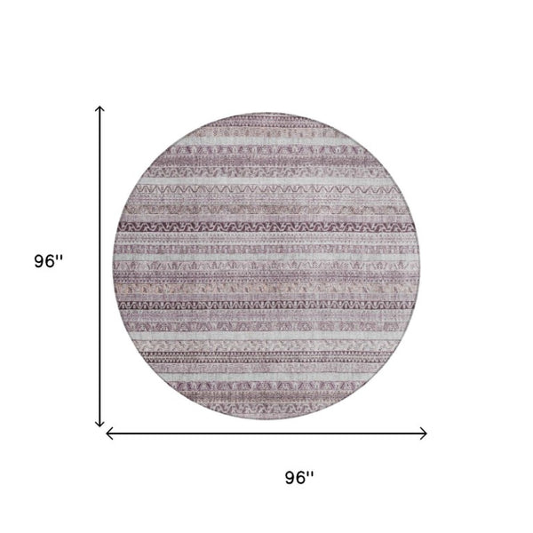 8 Foot Round Striped Mauve Pink Washable Polyester Rug for Patio or Family Room