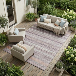 8 Ft X 10 Ft Mauve Pink Striped Polyester Washable Rug for Patio or Living Room