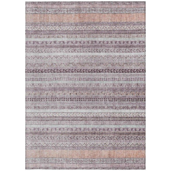 8 Ft X 10 Ft Mauve Pink Striped Polyester Washable Rug for Patio or Living Room