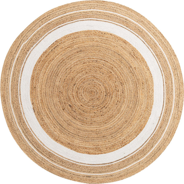 Unique Loom Braided Jute Gujarat Hand Woven Border Rug Natural and White, Ivory 8' 0" x 8' 0"