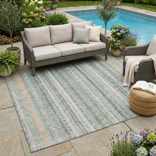 5x8 Mint Striped Washable Polyester Area Rug for Patio Porch Living Room or Bedroom