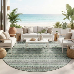 8 Ft Round Striped Mint Polyester Rug Washable for Patio Porch Kitchen or Family Room