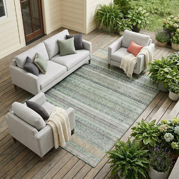 8 X 10 Mint Striped Polyester Area Rug Washable Stain Resistant Indoor Outdoor Use