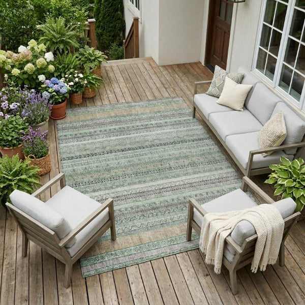 9 X 12 Striped Mint Polyester Area Rug Washable Stain Resistant Indoor Outdoor