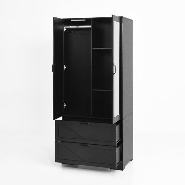 English Elm 2 Door Wardrobe Closet with Full Length Mirror Motion Light Hanging Rod and Drawers Black W409P266778