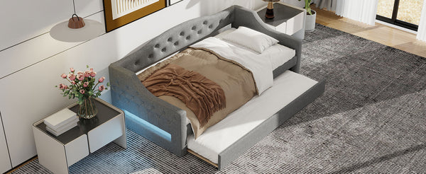 English Elm Upholstered Twin XL Daybed with Built-In LED Belt and Trundle, Linen Backrest, Modern Guest Bed Gray DL002050AAE