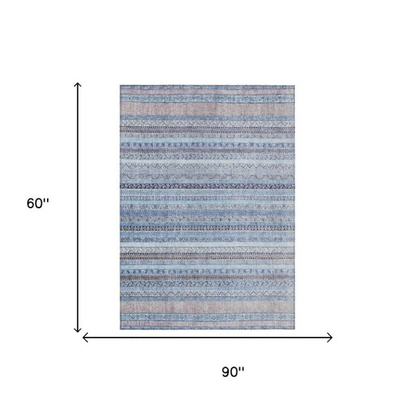 5x8 Sky Blue Stripe Polyester Area Rug Washable Stain Resistant Indoor Outdoor Use