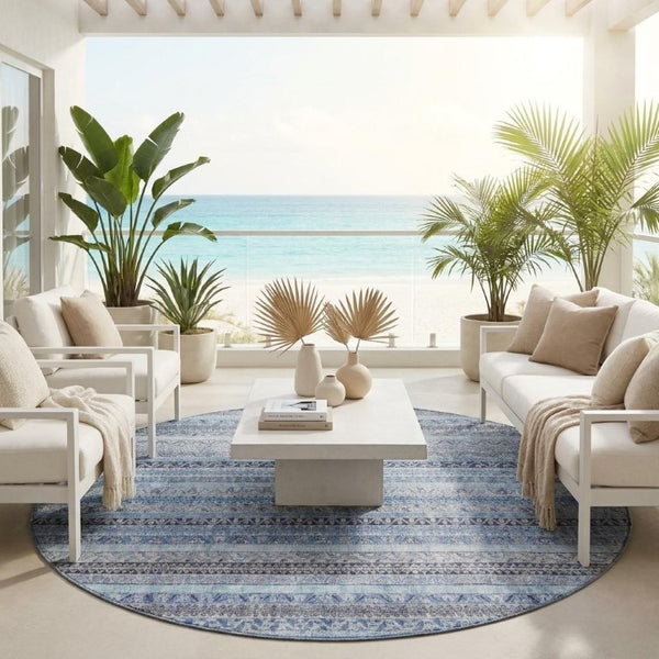 8 Foot Round Striped Polyester Area Rug Washable Indoor Outdoor Blue Tones