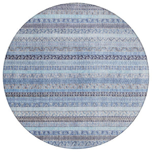 HomeRoots 8 Foot Round Striped Polyester Area Rug Washable Indoor Outdoor Blue Tones 739807