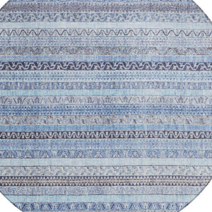 8 Foot Round Striped Polyester Area Rug Washable Indoor Outdoor Blue Tones