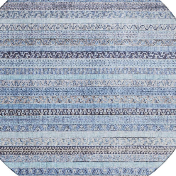8 Foot Round Striped Polyester Area Rug Washable Indoor Outdoor Blue Tones