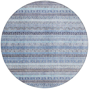 8 Foot Round Striped Polyester Area Rug Washable Indoor Outdoor Blue Tones