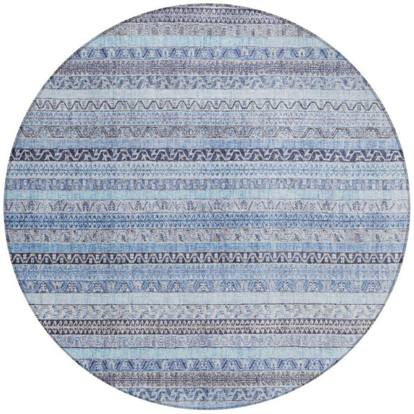 8 Foot Round Striped Polyester Area Rug Washable Indoor Outdoor Blue Tones