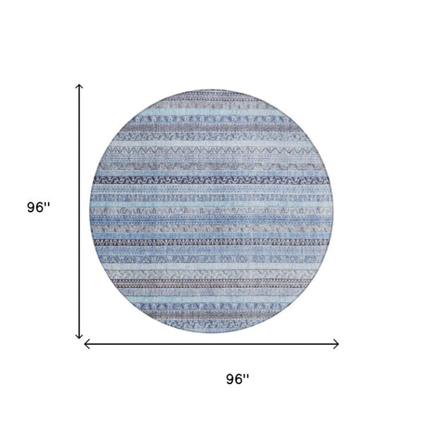 8 Foot Round Striped Polyester Area Rug Washable Indoor Outdoor Blue Tones