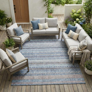 8 Ft X 10 Ft Sky Blue Striped Polyester Area Rug Washable for Indoor Outdoor Use