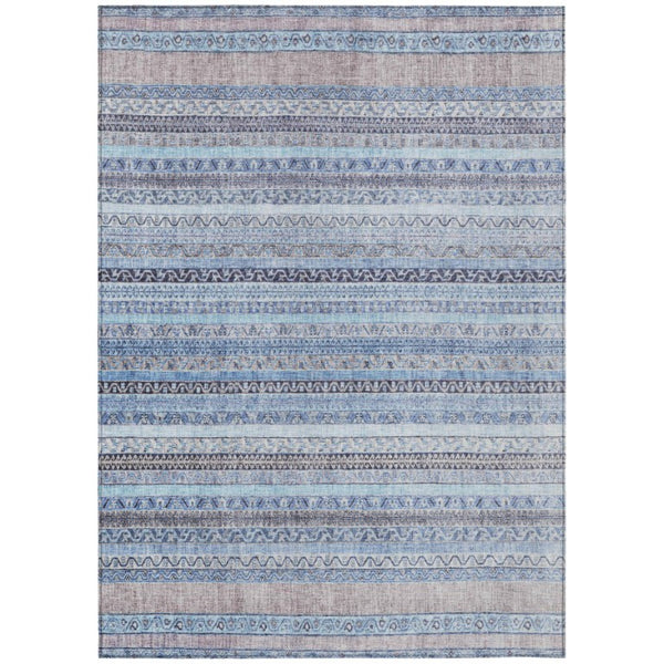 HomeRoots 8 Ft X 10 Ft Sky Blue Striped Polyester Area Rug Washable for Indoor Outdoor Use 739808
