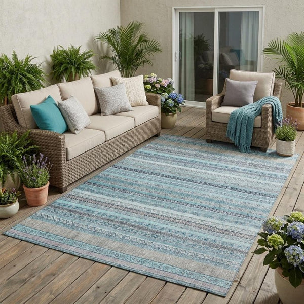 5 X 8 Turquoise Teal Stripe Polyester Indoor Outdoor Washable Area Rug for Patio