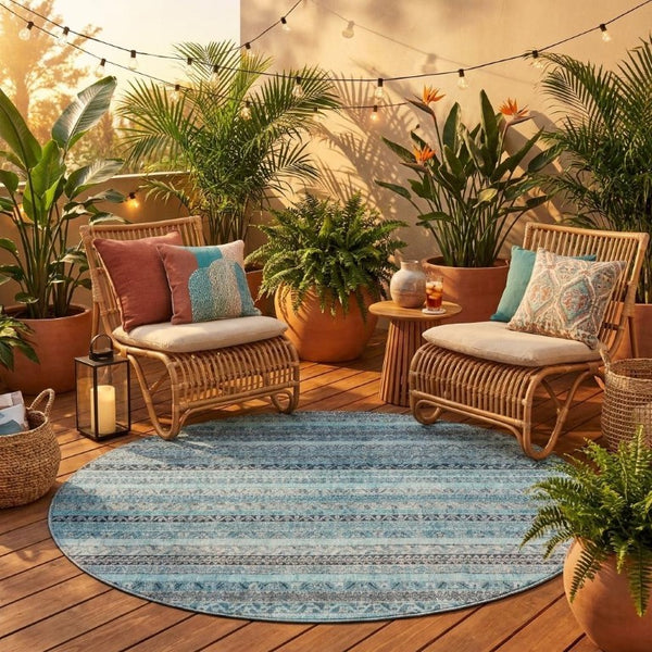 8 Foot Round Striped Polyester Area Rug Washable Teal Blue for Indoor Outdoor Use