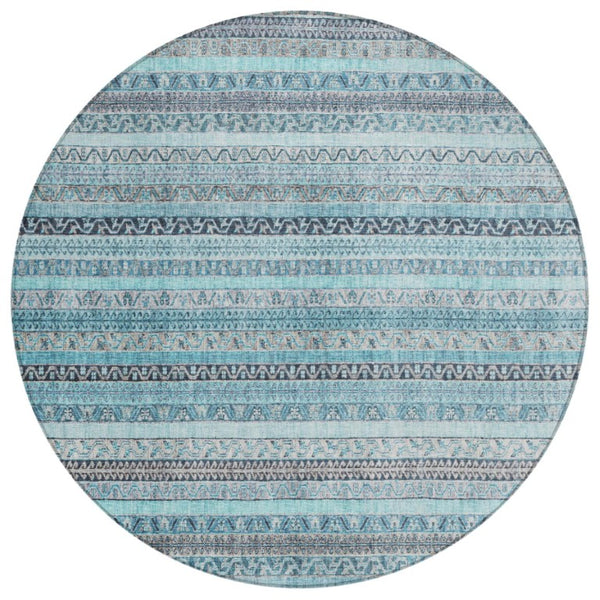 HomeRoots 8 Foot Round Striped Polyester Area Rug Washable Teal Blue for Indoor Outdoor Use 739813