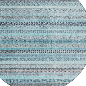 8 Foot Round Striped Polyester Area Rug Washable Teal Blue for Indoor Outdoor Use