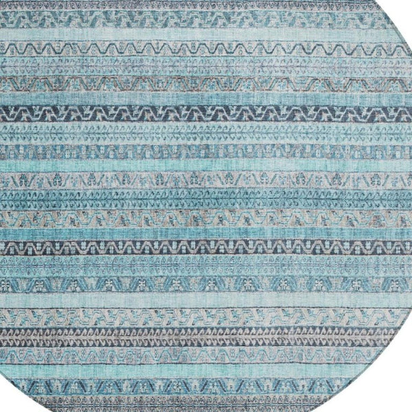 8 Foot Round Striped Polyester Area Rug Washable Teal Blue for Indoor Outdoor Use