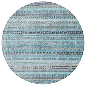 8 Foot Round Striped Polyester Area Rug Washable Teal Blue for Indoor Outdoor Use
