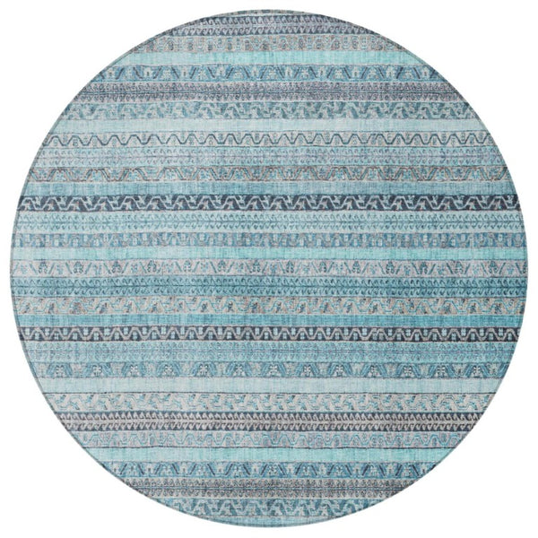 8 Foot Round Striped Polyester Area Rug Washable Teal Blue for Indoor Outdoor Use