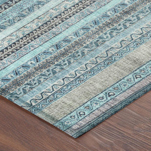 8 Foot Round Striped Polyester Area Rug Washable Teal Blue for Indoor Outdoor Use