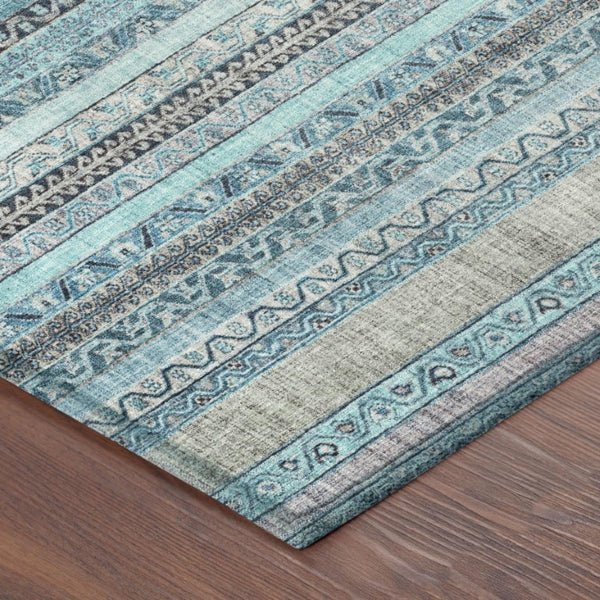8 Foot Round Striped Polyester Area Rug Washable Teal Blue for Indoor Outdoor Use