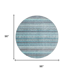 8 Foot Round Striped Polyester Area Rug Washable Teal Blue for Indoor Outdoor Use