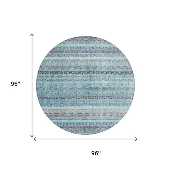 8 Foot Round Striped Polyester Area Rug Washable Teal Blue for Indoor Outdoor Use